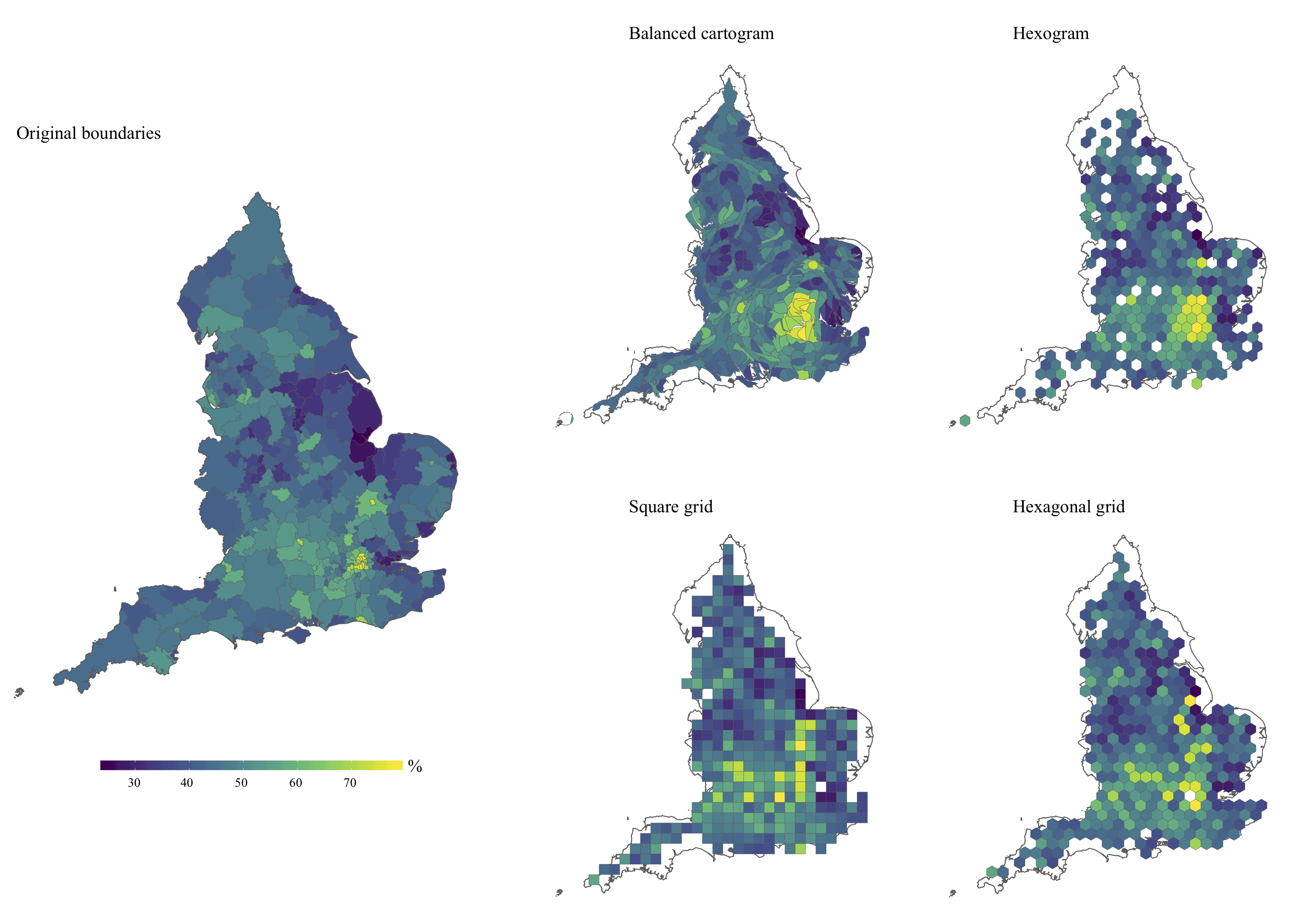 Five maps visualising EU referendum results across local authorities in England using different methods: original boundaries, hexogram, hex grid and square grid. It shows how mapping out the raw boundaries can render small areas almost invisible, whereas the alternative maps make each areas equal in size.