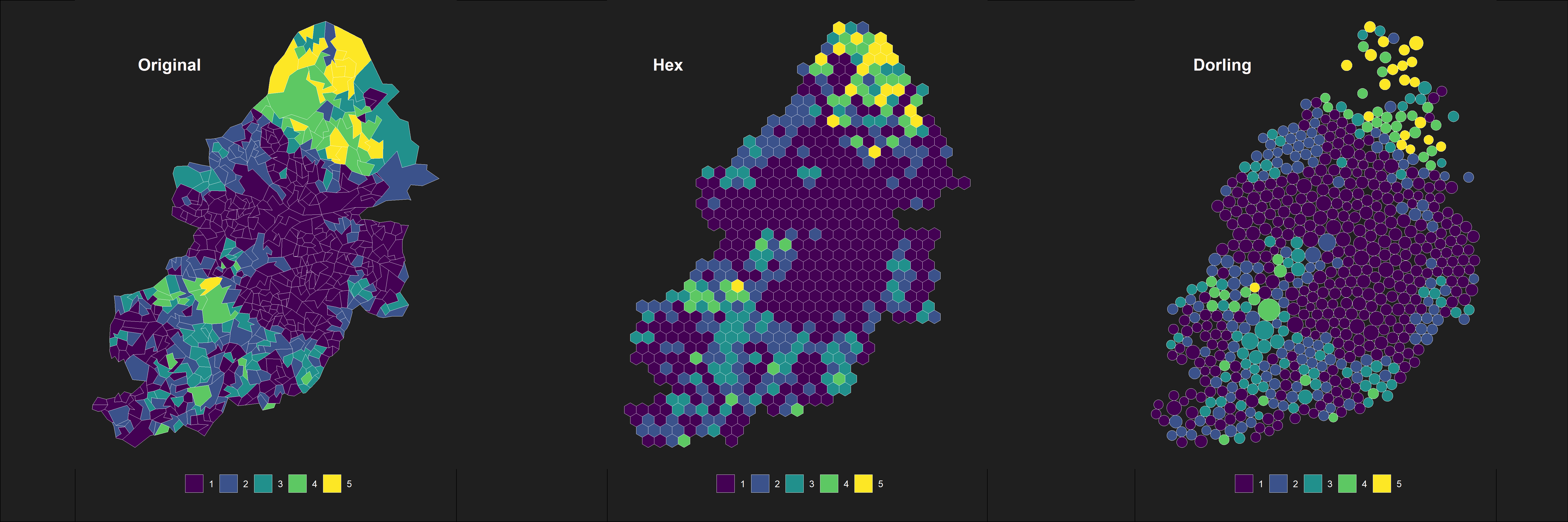 Three maps of neighbourhood deprivation in Birmingham, each visualised using different methods, namely, the original boundaries, a hex grid and a dorling cartogram.