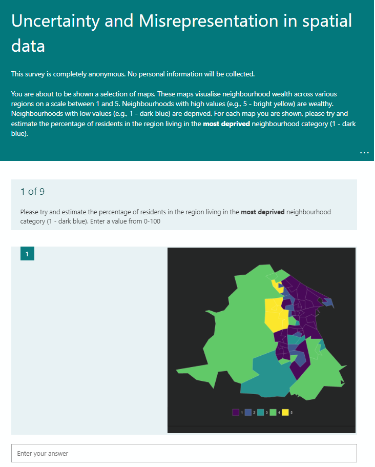 A screenshot from the survey in MS Forms. It shows the first question from the survey and an example map, for which respondents must estimate the proportion of residents living in the most deprived neighbourhood.